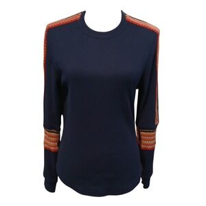 Natural Life Navy Blue Waffle Thermal Knit Top Tapestry Trim Sleeve Large Casual